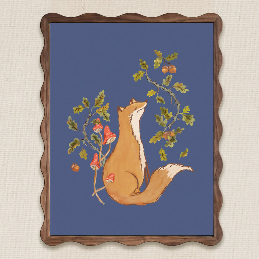 hand painted autumn fox in autumnal colors with leaves and mushrooms on a dark blue background