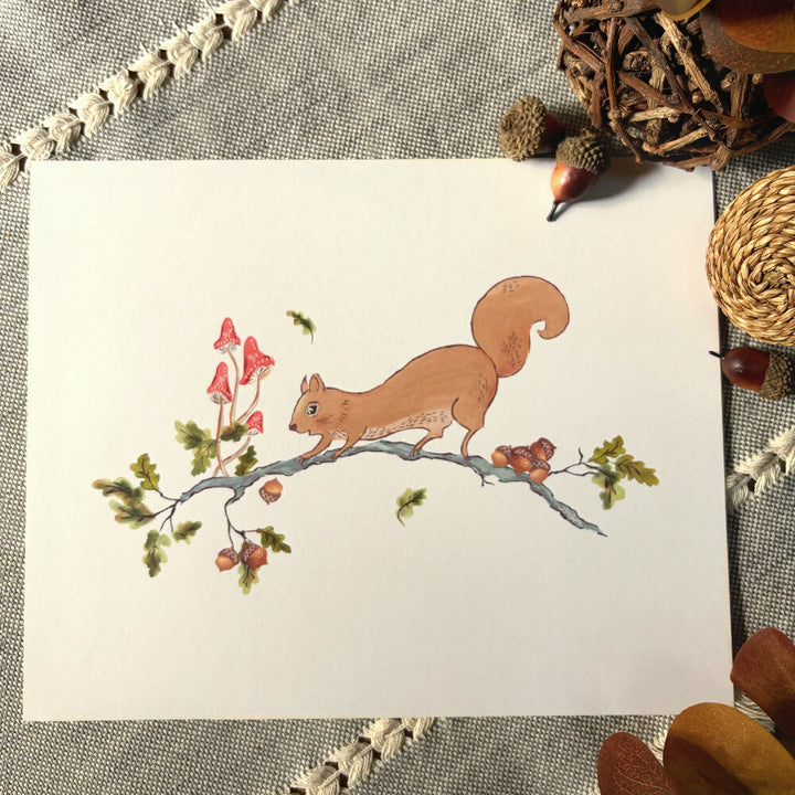 hand painted autumn squirrel on a branch with leaves, acorns, and mushrooms