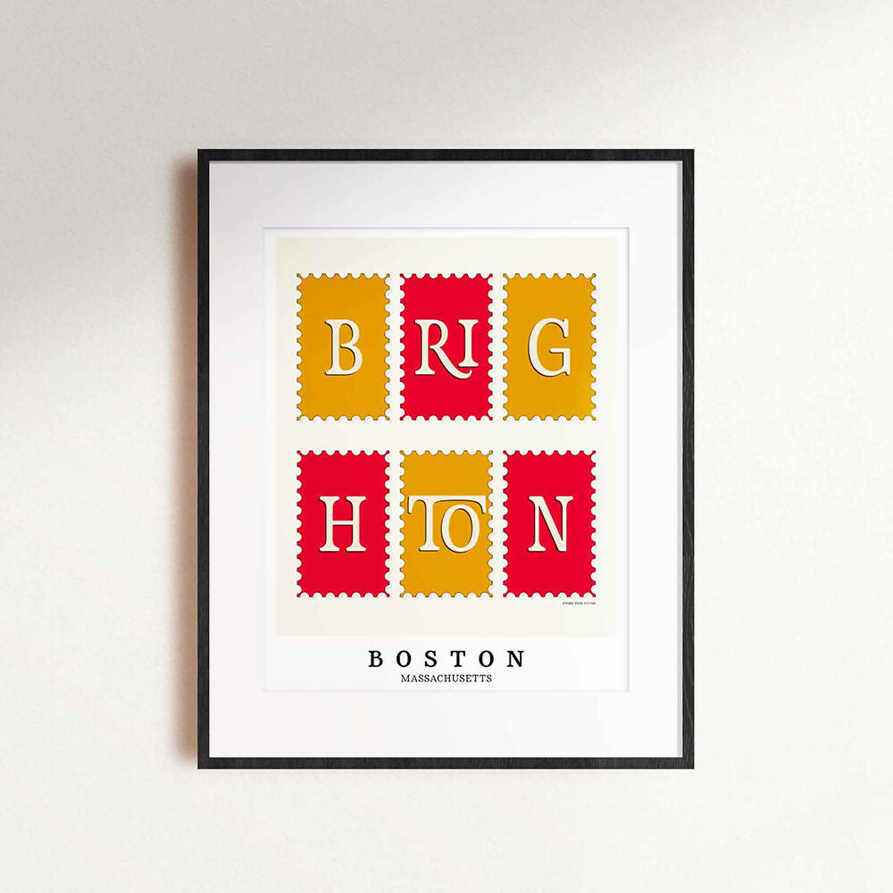 Brighton Postage Stamp Collection print showcasing distinctive lettering and vibrant red and gold tones.