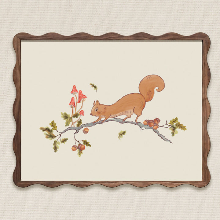hand painted autumn squirrel on a branch with leaves, acorns, and mushrooms