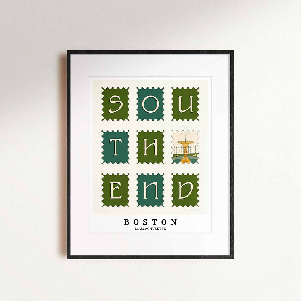 A framed picture of postage stamps featuring the South End neighborhood in Boston, Massachusetts drawn in a unique lettering style. Artwork has a green, blue and yellow color scheme