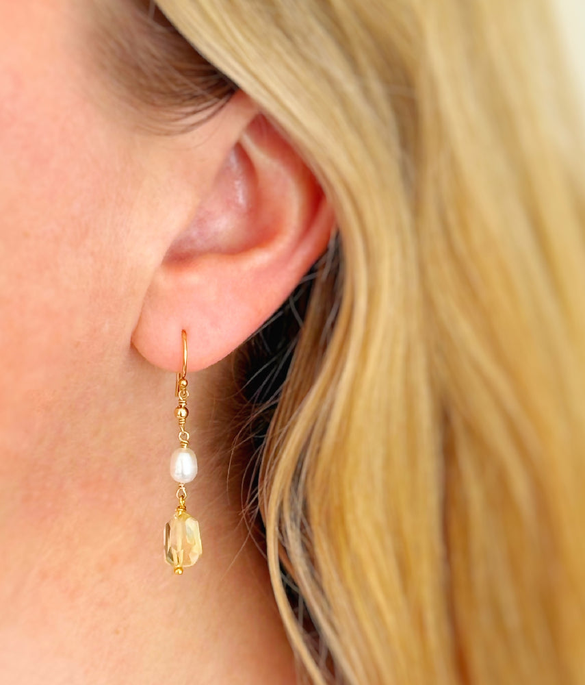Sun + Snow Earrings - 14K Gold Filled w/Citrine + Freshwater Pearl