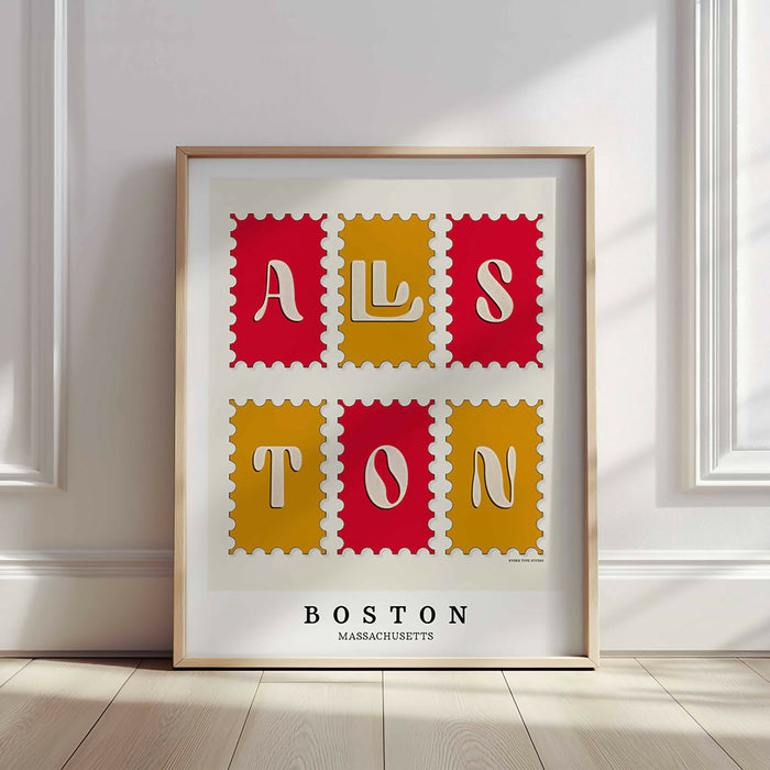Allston neighborhood art print with distinctive, type-forward lettering arranged in a postage stamp layout.