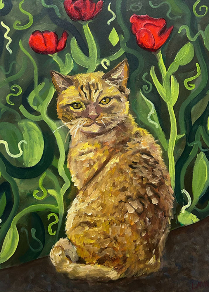 Orange Kitty with Red Tulips