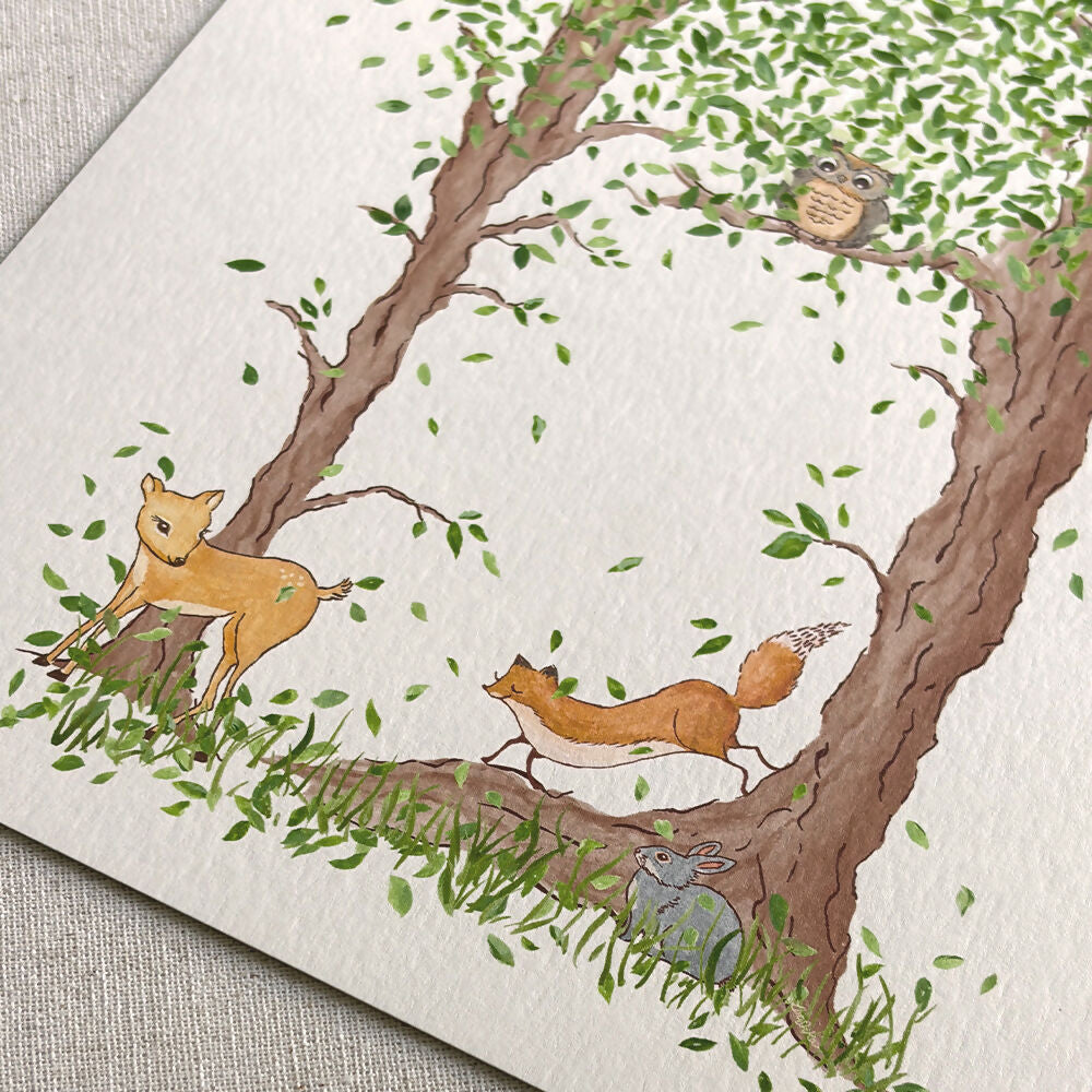 hand painted woodland nursery animals featuring owl, bunny, deer, and fox