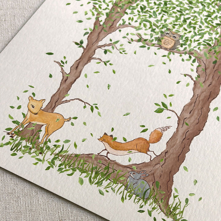 hand painted woodland nursery animals featuring owl, bunny, deer, and fox