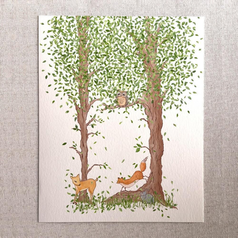hand painted woodland nursery animals featuring owl, bunny, deer, and fox