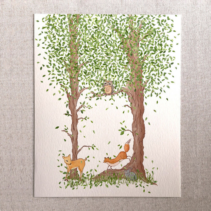 hand painted woodland nursery animals featuring owl, bunny, deer, and fox