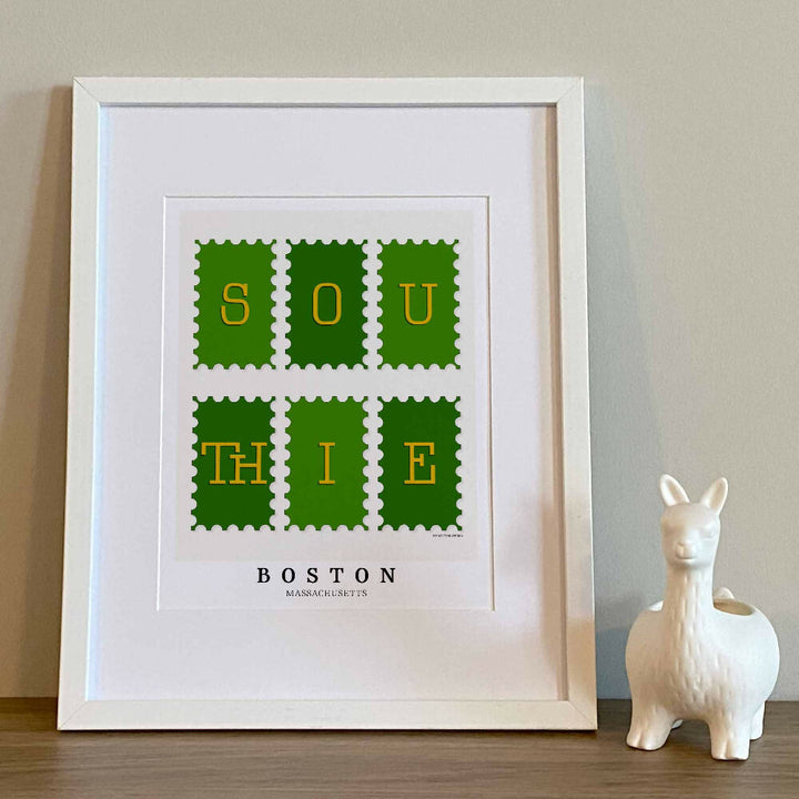 Boston wall art showing a Southie postage stamp collection design drawn with expressive lettering in green and gold tones.
