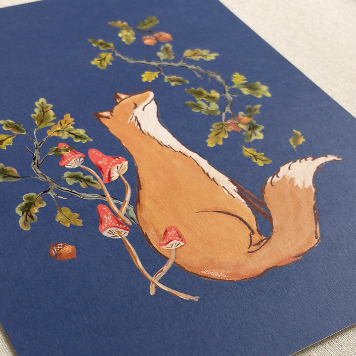 hand painted autumn fox in autumnal colors with leaves and mushrooms on a dark blue background