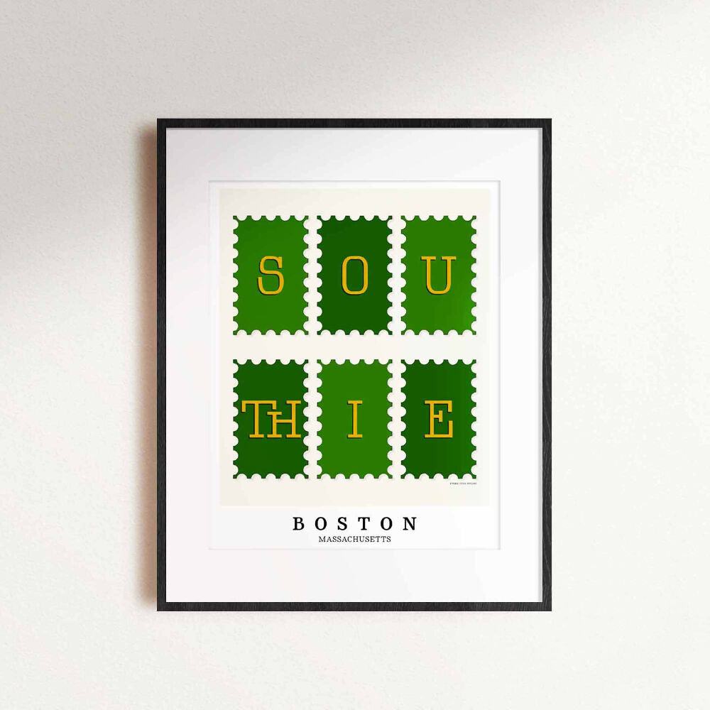 A framed picture of postage stamps featuring the Southie neighborhood in Boston, Massachusetts drawn in a unique lettering style. Artwork has a green and gold color scheme