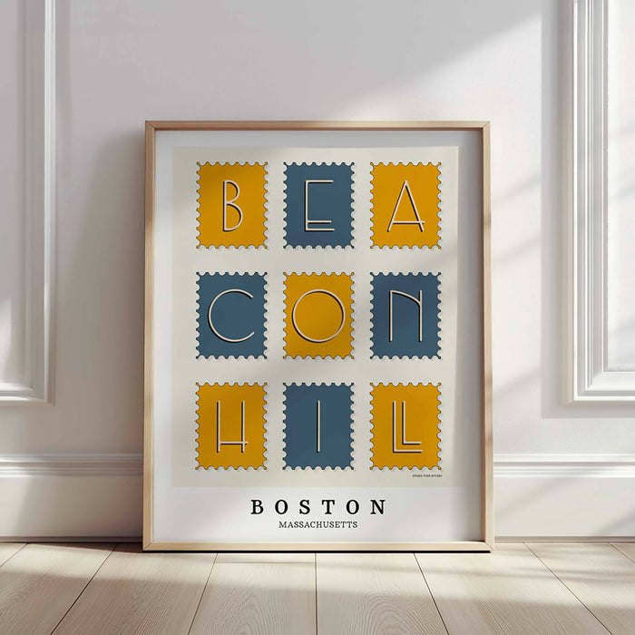 Beacon Hill neighborhood art print featuring art deco typography in a postage stamp–inspired layout.