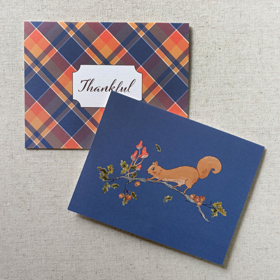 autumn illustrated cards fox squirrel leaves cozy plaid in rich dark blue orange ochre colors