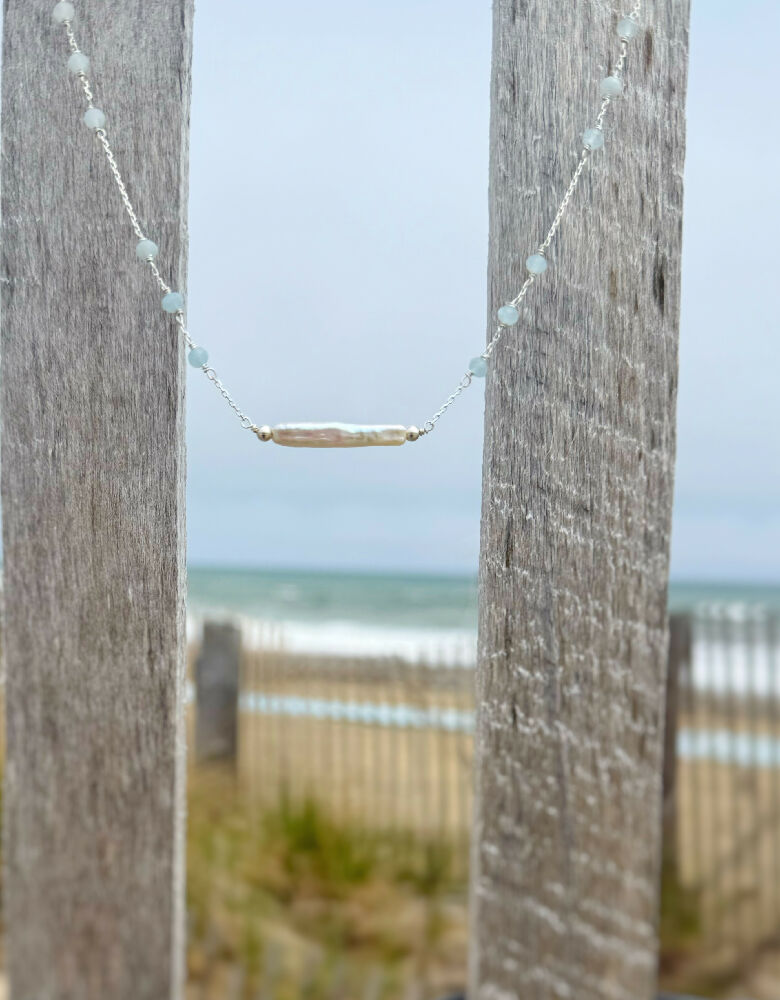Truro Necklace in Sterling Silver w/Freshwater Stick Pearl & Aquamarine
