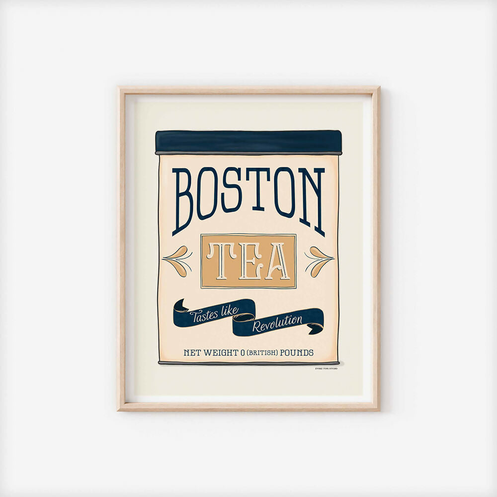 Hand-drawn ‘Tastes Like Revolution’ vintage tea tin art print in a nautical color palette inspired by the Boston Tea Party.