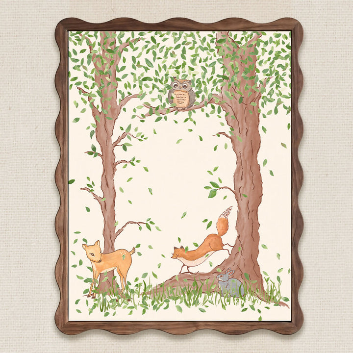 hand painted woodland nursery animals featuring owl, bunny, deer, and fox