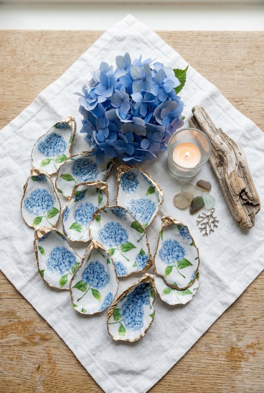 Hydrangea decoupage oyster shells with gold edges styled on white linen with coastal home decor