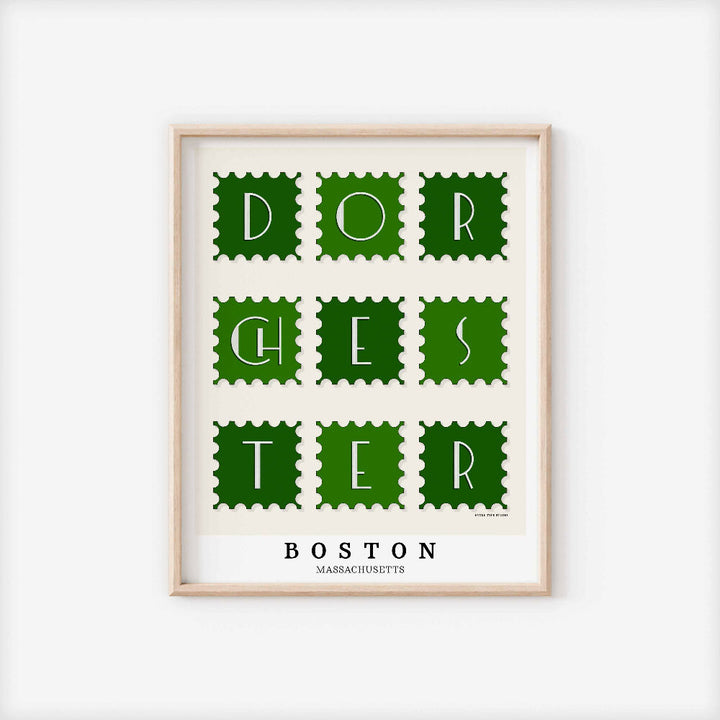A framed picture of postage stamps featuring the Dorchester neighborhood in Boston, Massachusetts drawn in a unique lettering style. Artwork has a green and white color scheme