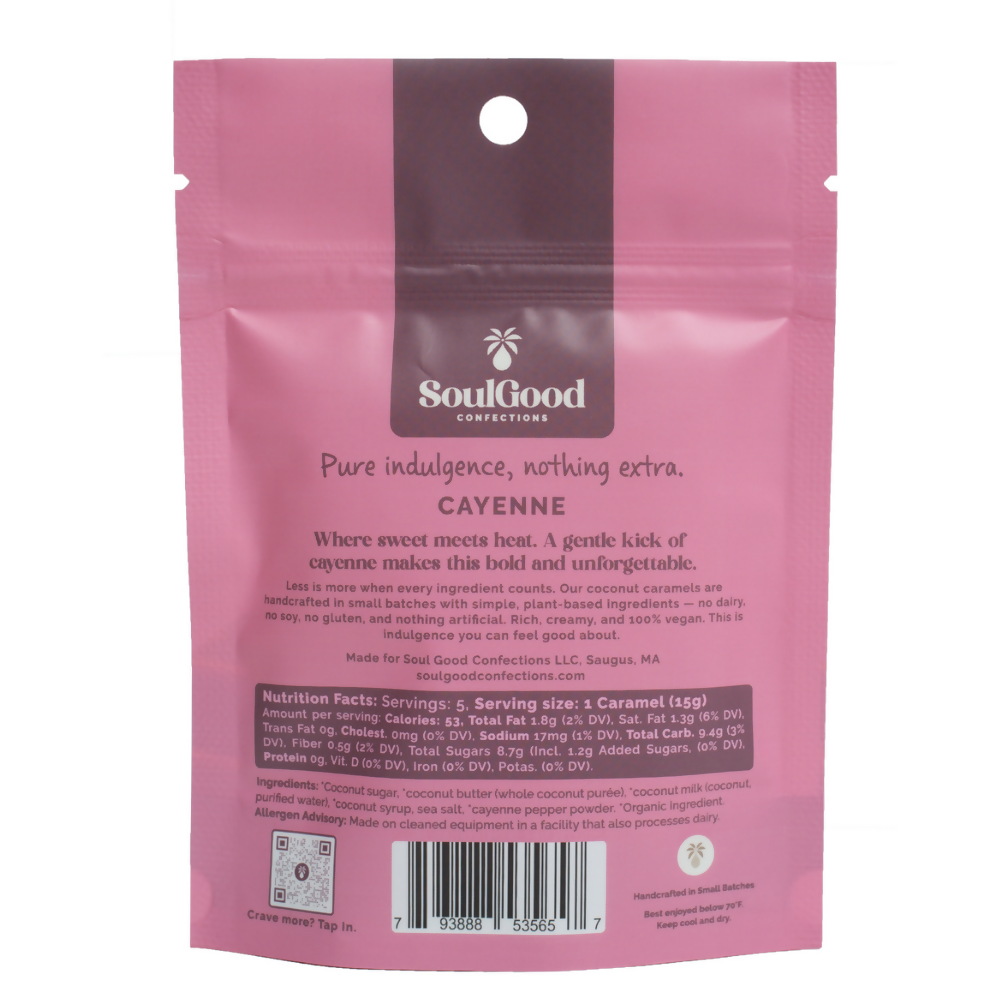 Back of Soul Good Confections Cayenne caramel pouch with ingredients and product information
