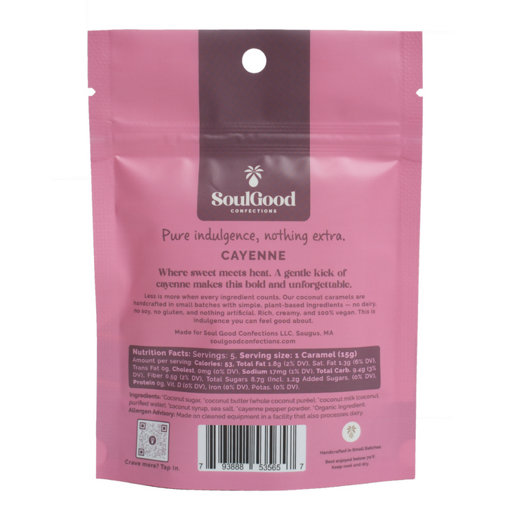 Back of Soul Good Confections Cayenne caramel pouch with ingredients and product information
