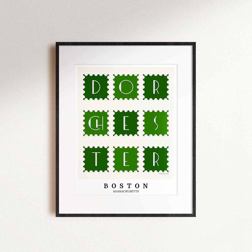 A framed picture of postage stamps featuring the Dorchester neighborhood in Boston, Massachusetts drawn in a unique lettering style. Artwork has a green and white color scheme