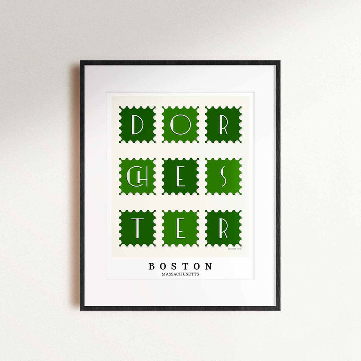 A framed picture of postage stamps featuring the Dorchester neighborhood in Boston, Massachusetts drawn in a unique lettering style. Artwork has a green and white color scheme