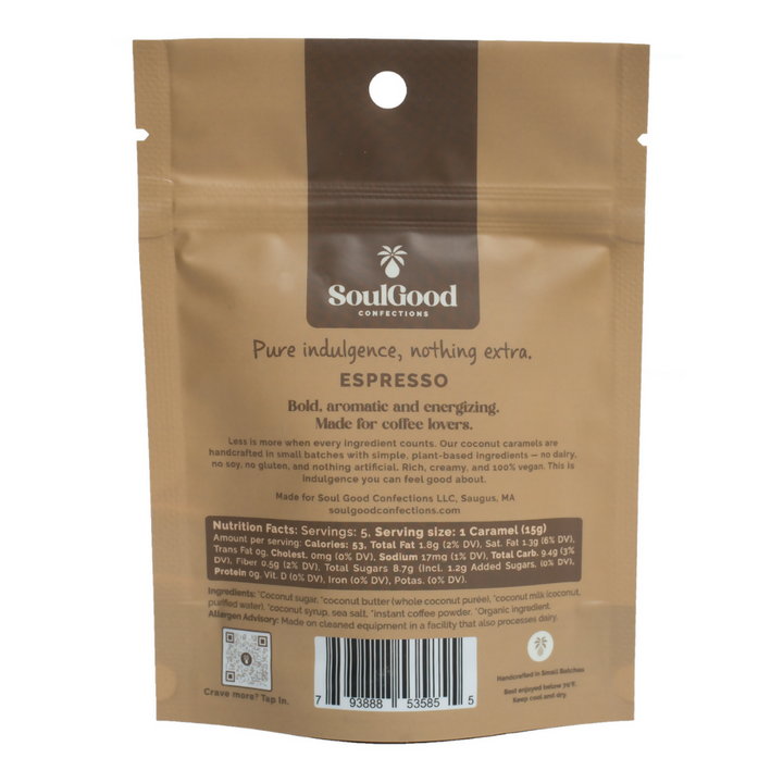 Back of Soul Good Confections Espresso caramel pouch with ingredients and product information