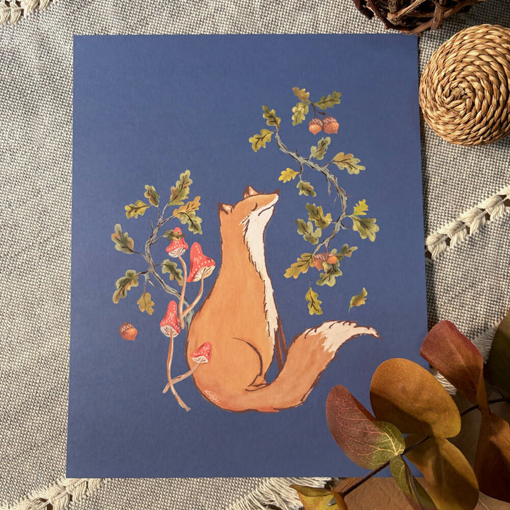 hand painted autumn fox in autumnal colors with leaves and mushrooms on a dark blue background