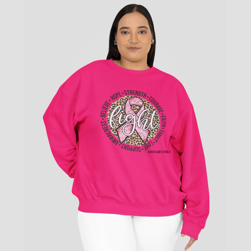 Resiliently Bold crewneck sweatshirt mockup of a woman-against a colorful backdrop posing with a smile