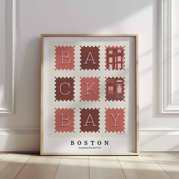 Hand-drawn Back Bay wall art featuring a postage stamp–style design with expressive lettering and a brownstone illustration.
