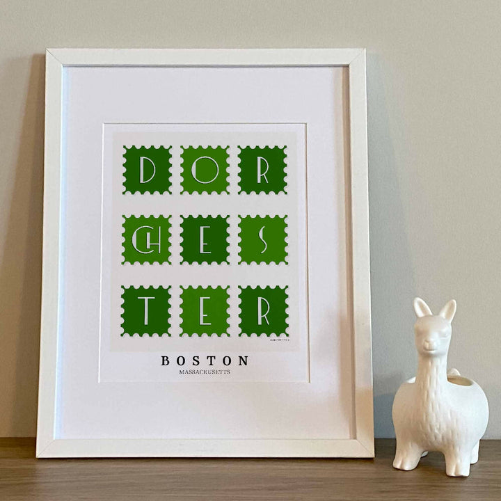 Boston wall art showing a Dorchester postage stamp collection design drawn in art deco lettering in green and white tones.