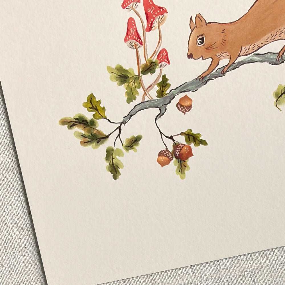 hand painted autumn squirrel on a branch with leaves, acorns, and mushrooms