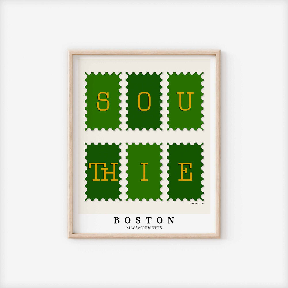 A framed picture of postage stamps featuring the Southie neighborhood in Boston, Massachusetts drawn in a unique lettering style. Artwork has a green and gold color scheme